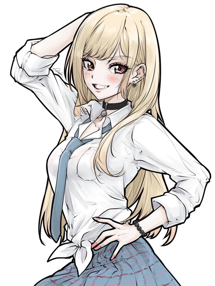 1girl, bambi_surprise, bangs, barbell_piercing, black_choker, black_collar, blonde_hair, blue_necktie, blue_skirt, blush, bracelet, breast_pocket, choker, collar, collared_shirt, dress_shirt, earrings, fake_nails, fingernails, gradient_hair, grey_necktie, gyaru, hand_on_head, hand_on_hip, highres, industrial_piercing, jewelry, kitagawa_marin, lace, lace_choker, long_fingernails, long_hair, looking_at_viewer, multicolored_hair, necktie, piercing, pink_nails, plaid, plaid_skirt, pleated_skirt, pocket, red_eyes, redhead, school_uniform, shirt, skirt, smile, solo, sono_bisque_doll_wa_koi_wo_suru, swept_bangs, tied_shirt, uniform, white_background, white_shirt