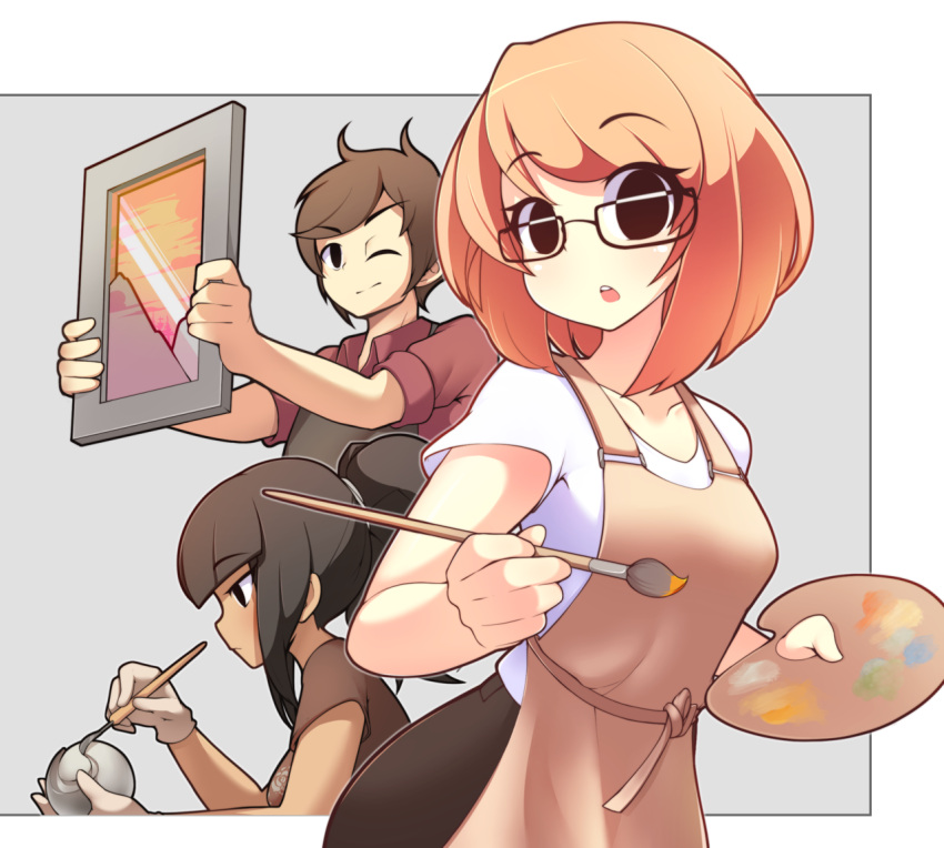 1boy, 2girls, bangs, black_eyes, blunt_bangs, brown_hair, collarbone, eyebrows_visible_through_hair