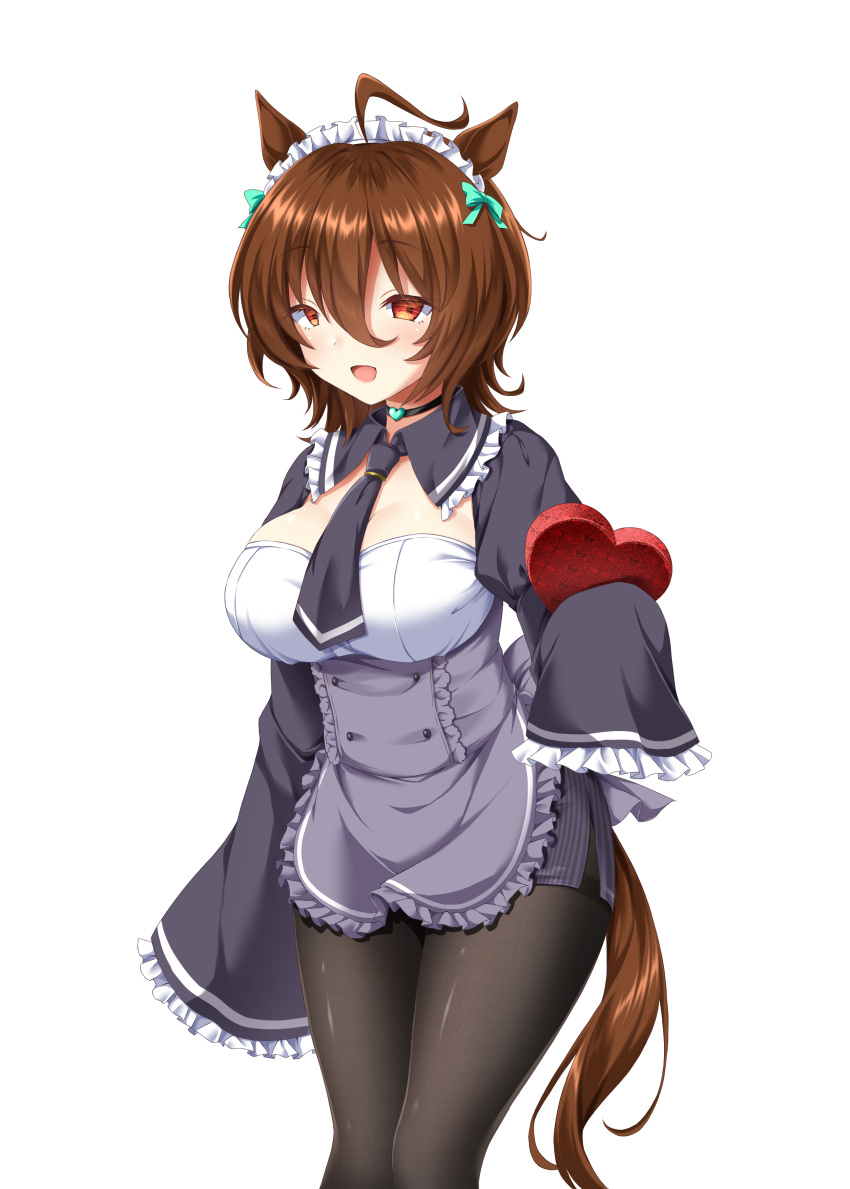 1girl, :d, absurdres, ahoge, animal_ears, black_legwear, black_necktie, box, breasts, brown_hair, choker, commentary_request, hair_between_eyes, hair_ribbon, heart-shaped_box, highres, horse_ears, horse_girl, horse_tail, large_breasts, looking_at_viewer, maid_headdress, necktie, pantyhose, red_eyes, ribbon, ryochapu, short_apron, short_hair, sleeves_past_wrists, smile, solo, tail, transparent_background, umamusume, valentine, white_headwear