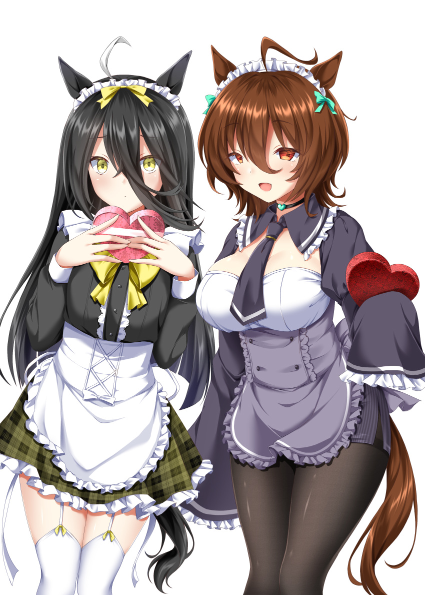 2girls, :<, :d, absurdres, ahoge, animal_ears, apron, black_hair