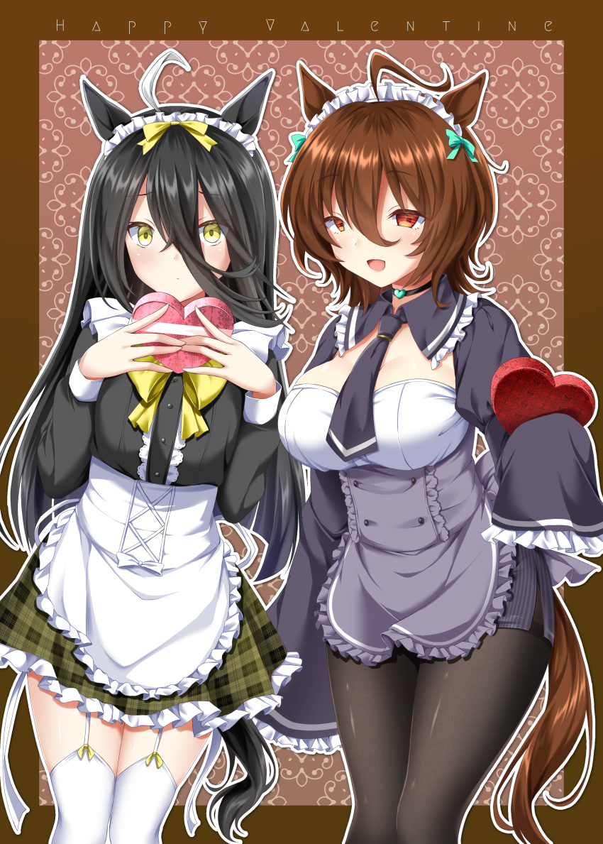 2girls, :<, :d, absurdres, ahoge, animal_ears, apron, black_hair