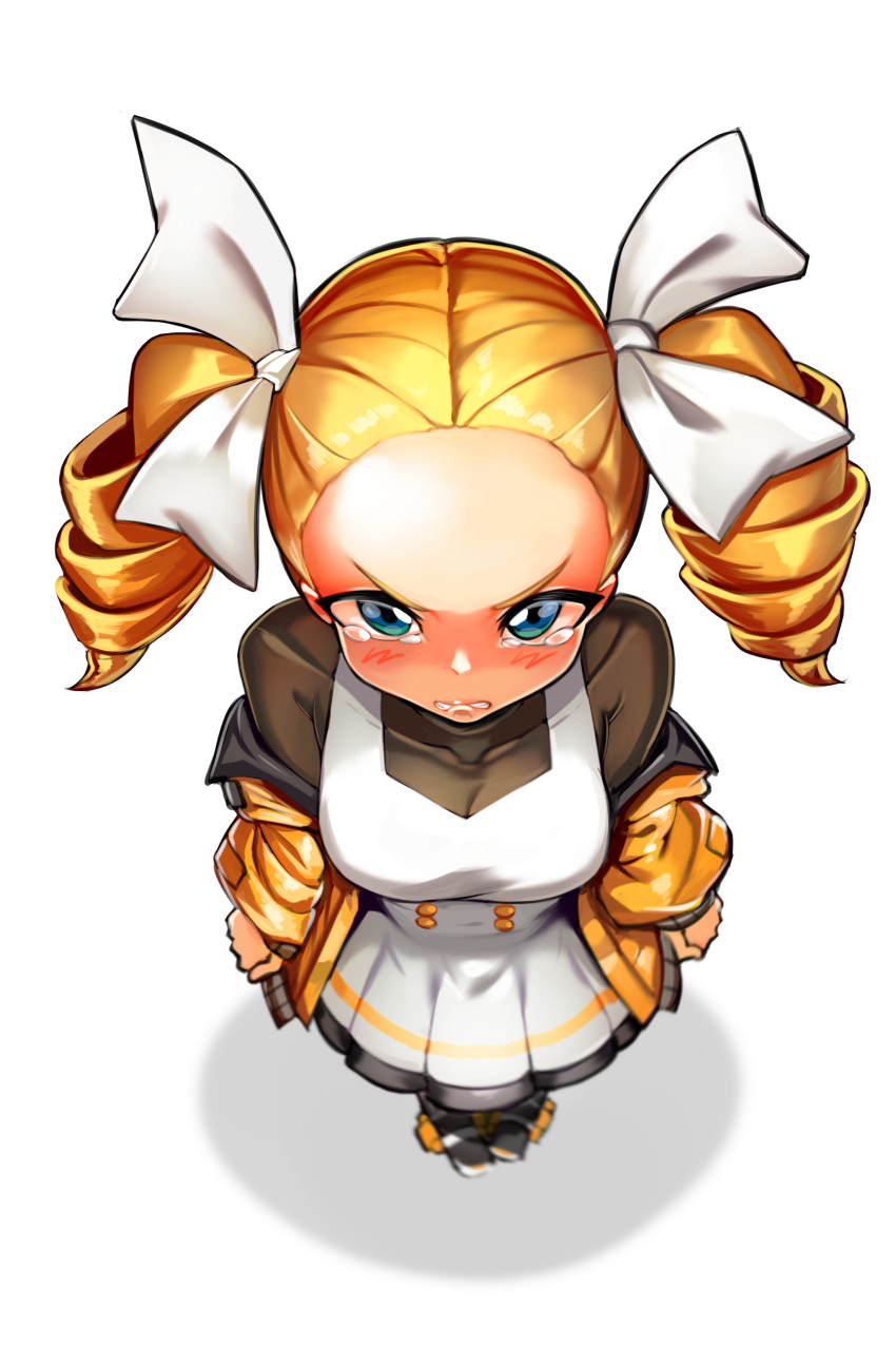 1girl, absurdres, angry, biting, black_skirt, blonde_hair, blush, clenched_teeth