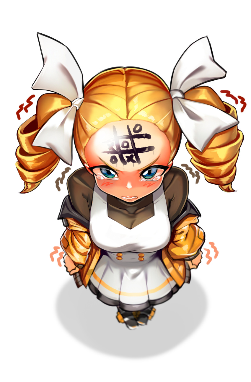 1girl, absurdres, angry, biting, black_skirt, blonde_hair, blush, clenched_teeth
