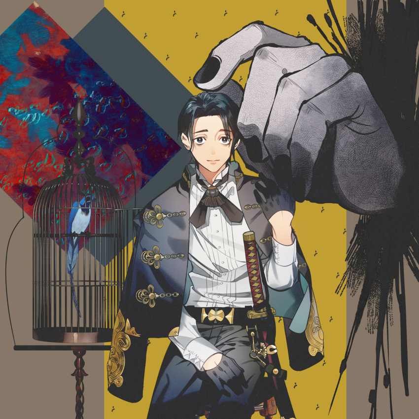 1boy, animal, bangs, belt, bird, black_belt, black_cape, black_eyes