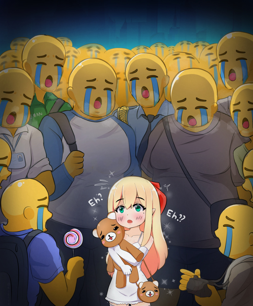 1girl, 6+boys, absurdres, backpack, bag, bald, bangs, black_necktie