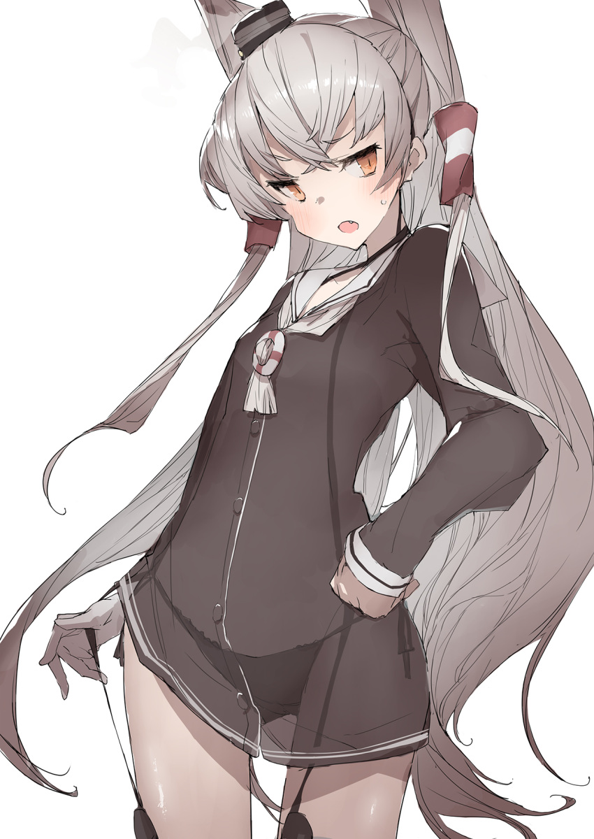 1girl, amatsukaze_(kancolle), brown_dress, cowboy_shot, dress, fang, garter_straps, grey_neckerchief