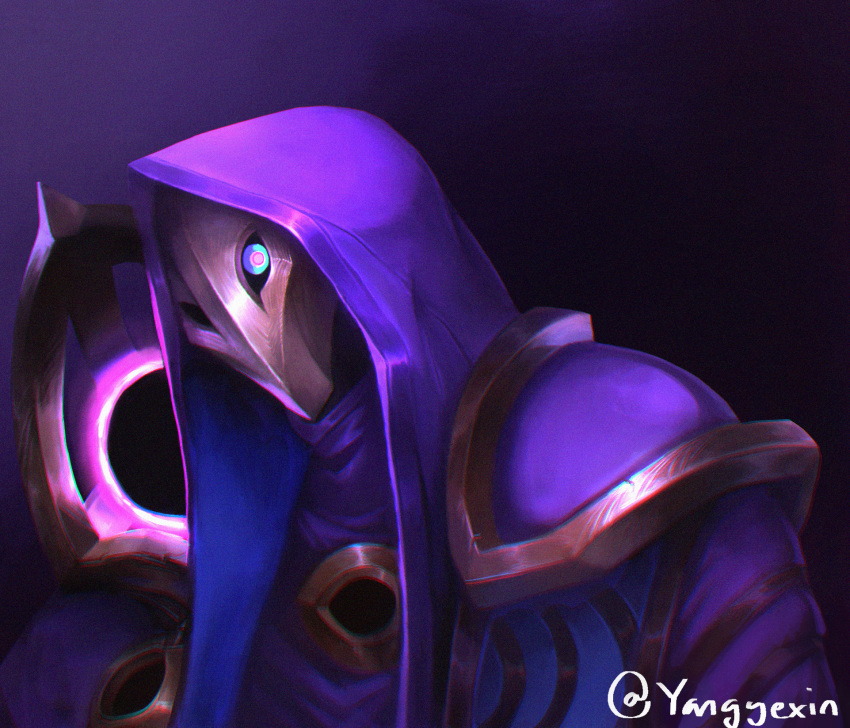 1boy, armor, commentary, dark_cosmic_jhin, english_commentary, glowing, glowing_eye, gradient