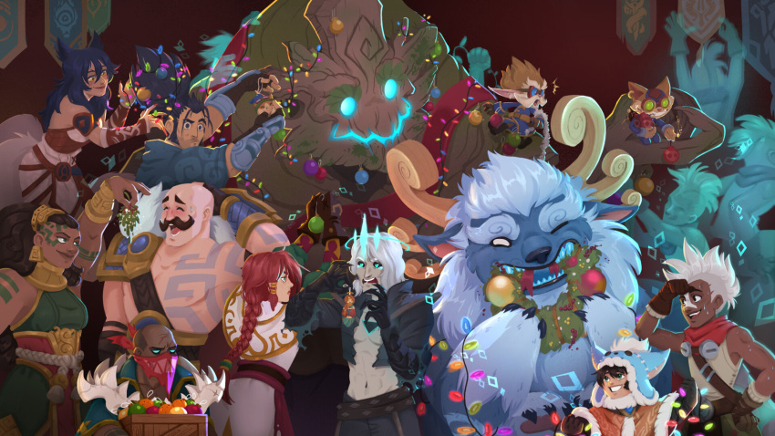 3girls, 6+boys, :d, ahri_(league_of_legends), animal_ears, arm_tattoo, bangs, bare_shoulders