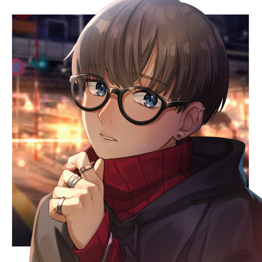 1boy, bangs, black-framed_eyewear, black_hoodie, blue_eyes, blurry, blurry_background, brown_hair