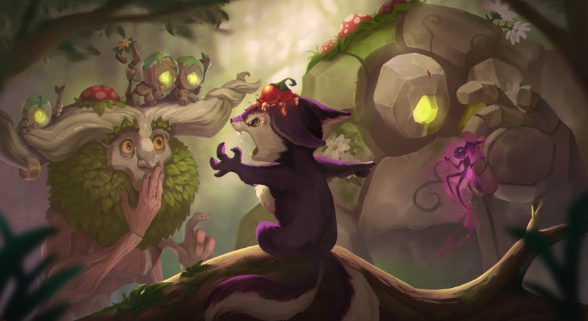 1boy, angry, covering_mouth, daisy_(league_of_legends), fangs, food, forest, fruit