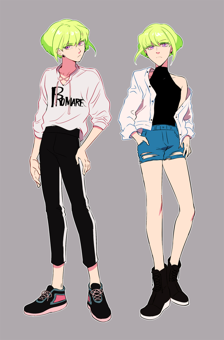 2boys, 302, alternate_costume, cardigan, denim, denim_shorts, dual_persona, full_body