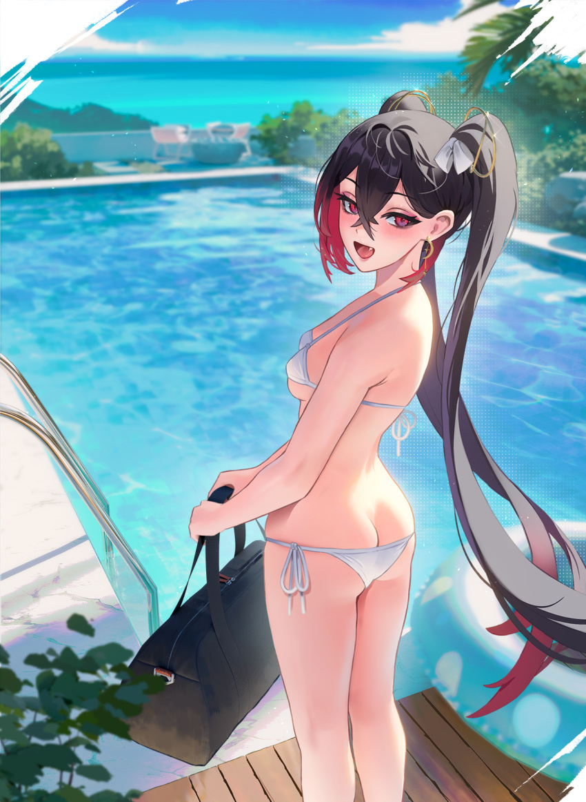 1girl, :d, ass, bag, bangs, bikini, black_hair, breasts