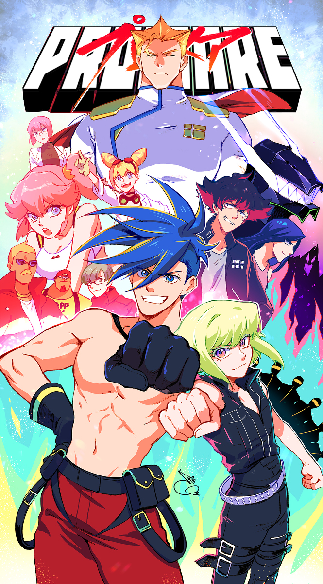 302, anime_coloring, biar_colossus, blonde_hair, blue_hair, clenched_hand, everyone, fire