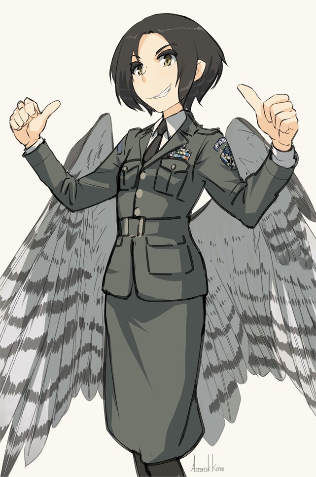 1girl, amelia_shaw, asterisk_kome, bird_tail, bird_wings, black_hair, black_necktie, commentary_request