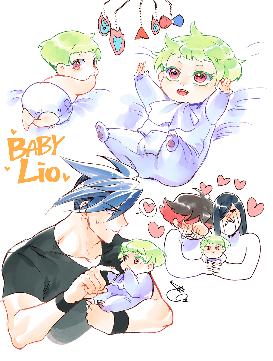 302, 4boys, age_regression, ascot, baby, black_shirt, blush, fire