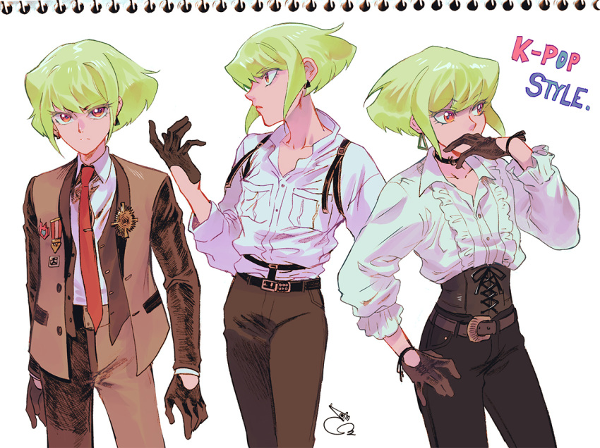 302, 3boys, alternate_costume, ascot, badge, corset, formal, frilled_shirt_collar