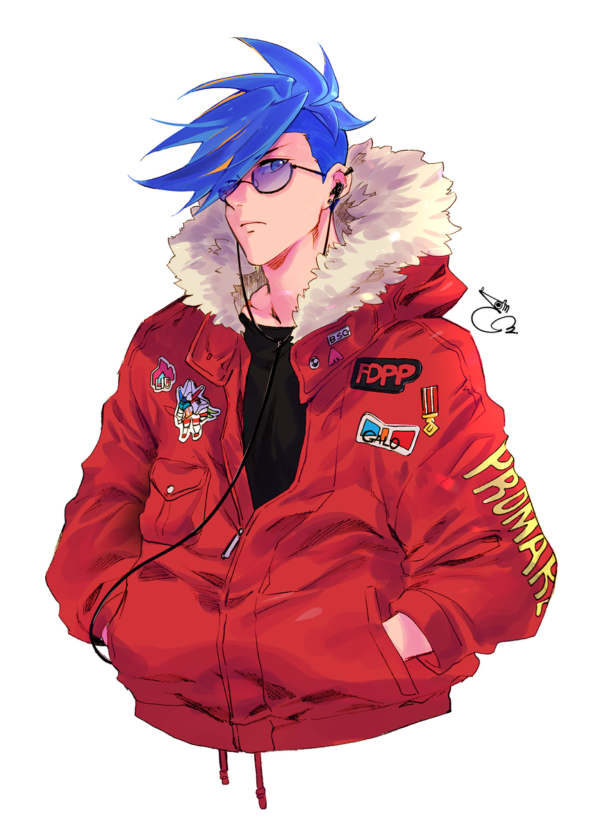 1boy, 302, blue_eyes, blue_hair, coat, fur-trimmed_hood, fur-trimmed_jacket, fur_trim, galo_thymos, hands_in_pockets, highres, hood, jacket, male_focus, matoi_tech, promare, red_coat, sidecut, solo, spiky_hair, sticker, sunglasses, upper_body
