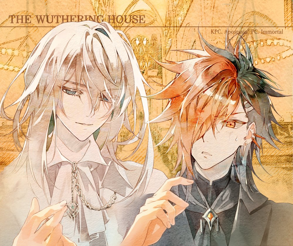 2boys, @_@, ainchase_ishmael, alternate_costume, black_hair, blue_eyes, colored_inner_hair, earrings