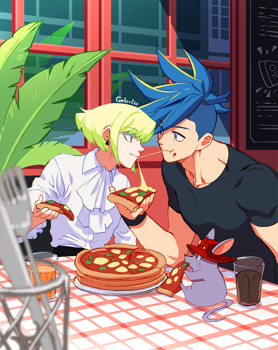 2boys, 302, ascot, blue_eyes, blue_hair, eating, food, food_on_face