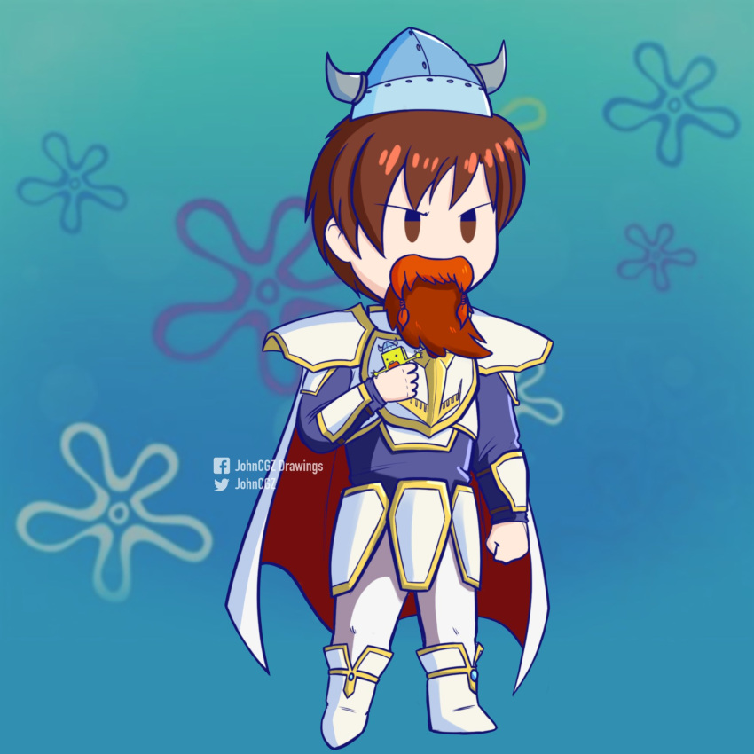 1boy, armor, artist_name, bangs, beard, blue_shirt, boots, bracer