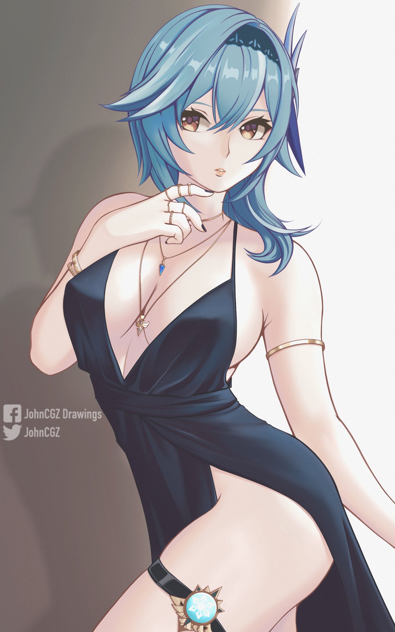 1girl, alternate_costume, armlet, bangs, bare_arms, bare_shoulders, black_nails, blue_hair, blue_hairband, bracelet, breasts, brown_eyes, cowboy_shot, eula_(genshin_impact), genshin_impact, grey_background, hair_between_eyes, hairband, hand_up, highres, jewelry, johncgz, looking_at_viewer, medium_breasts, medium_hair, nail_polish, necklace, ring, side_slit, solo, thigh_strap, thighs