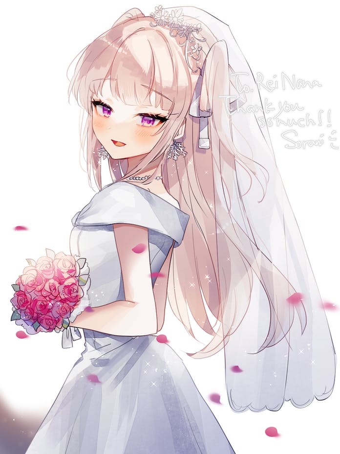1girl, blush, bouquet, bridal_veil, dress, flower, hoshifuri_iku, long_hair