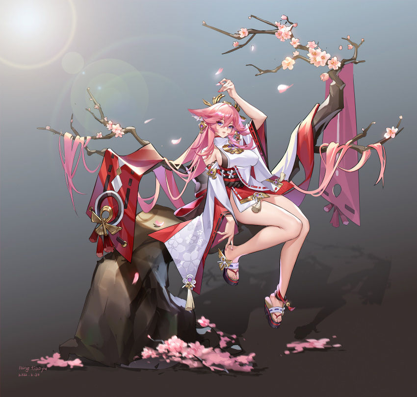 1girl, absurdres, animal_ears, anklet, bare_shoulders, breasts, cherry_blossoms, detached_sleeves, earrings, genshin_impact, hair_ornament, highres, in_tree, japanese_clothes, jewelry, large_breasts, long_hair, miko, ningtiaoyu, no_panties, pink_hair, sandals, sitting, sitting_in_tree, thighs, tree, yae_miko
