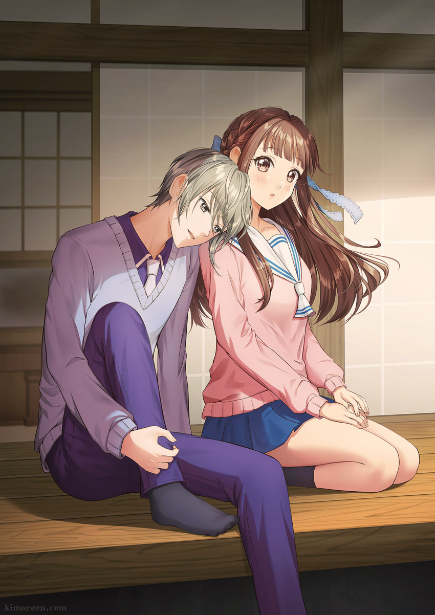 1boy, 1girl, black_legwear, blue_pants, blue_skirt, blush, braid, brown_eyes