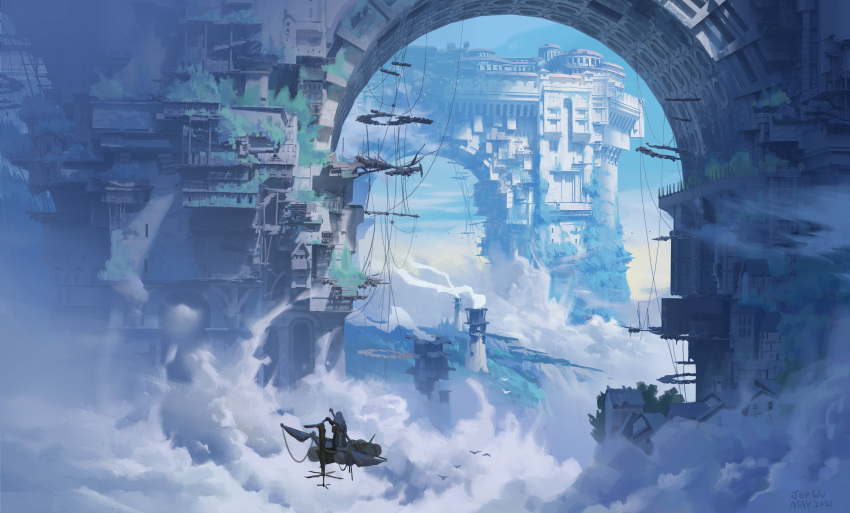 1girl, above_clouds, absurdres, aircraft, architecture, artist_name, bird, bridge