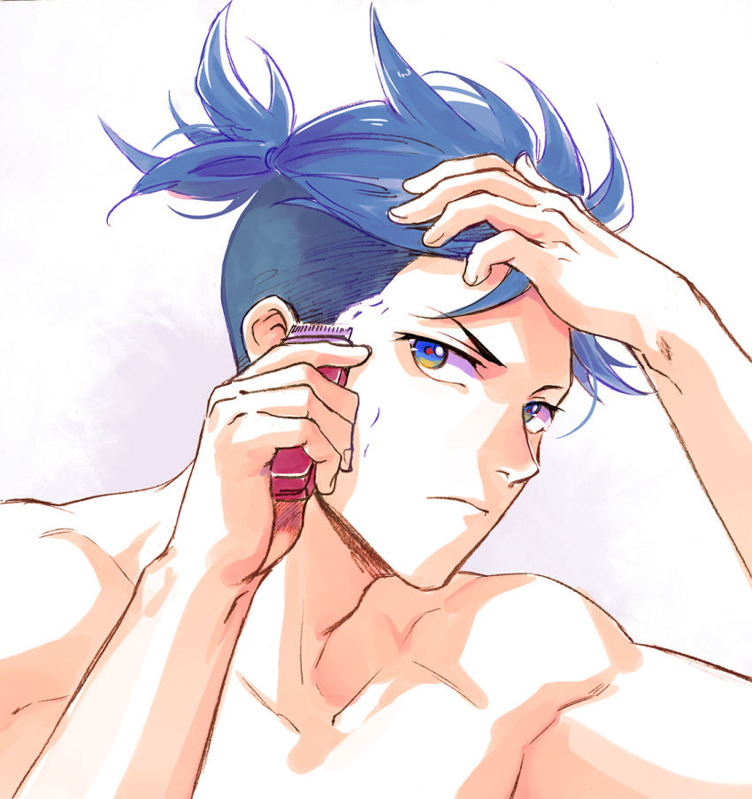 1boy, 302, blue_eyes, blue_hair, electric_razor, galo_thymos, hair_up, highres