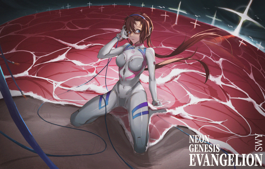 1girl, arm_support, artist_name, asymmetrical_bangs, bangs, bird, blue_eyes, bodysuit