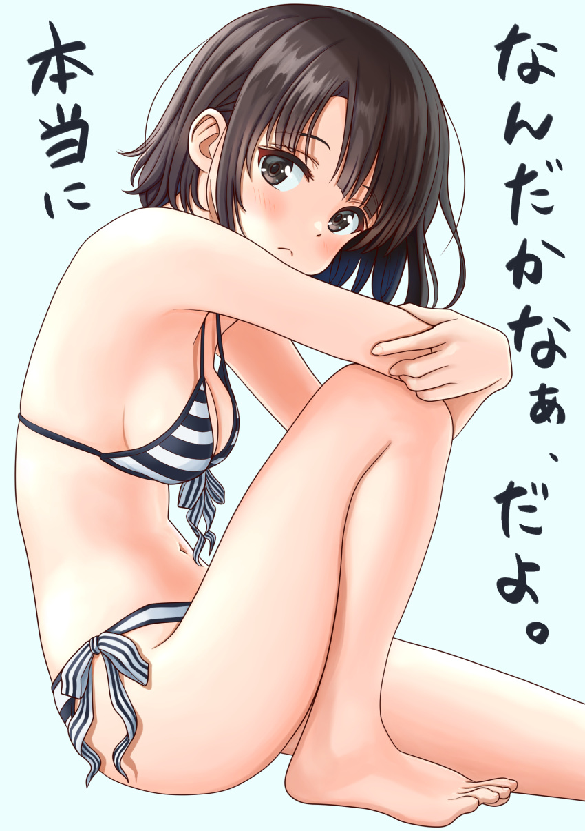 1girl, absurdres, barefoot, bikini, breasts, brown_eyes, brown_hair, commentary_request