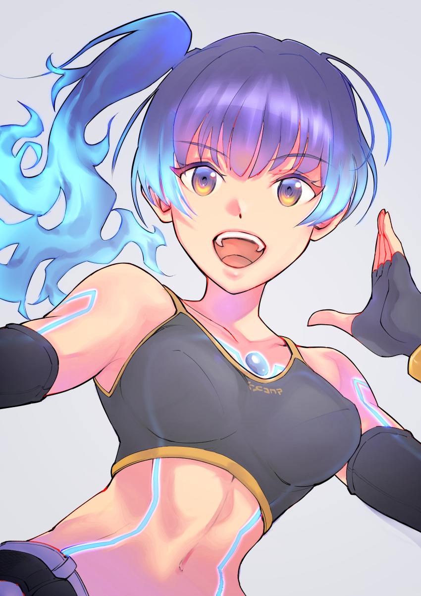 1girl, absurdres, arm_up, black_hair, blue_shorts, breasts, chest_jewel, cosplay