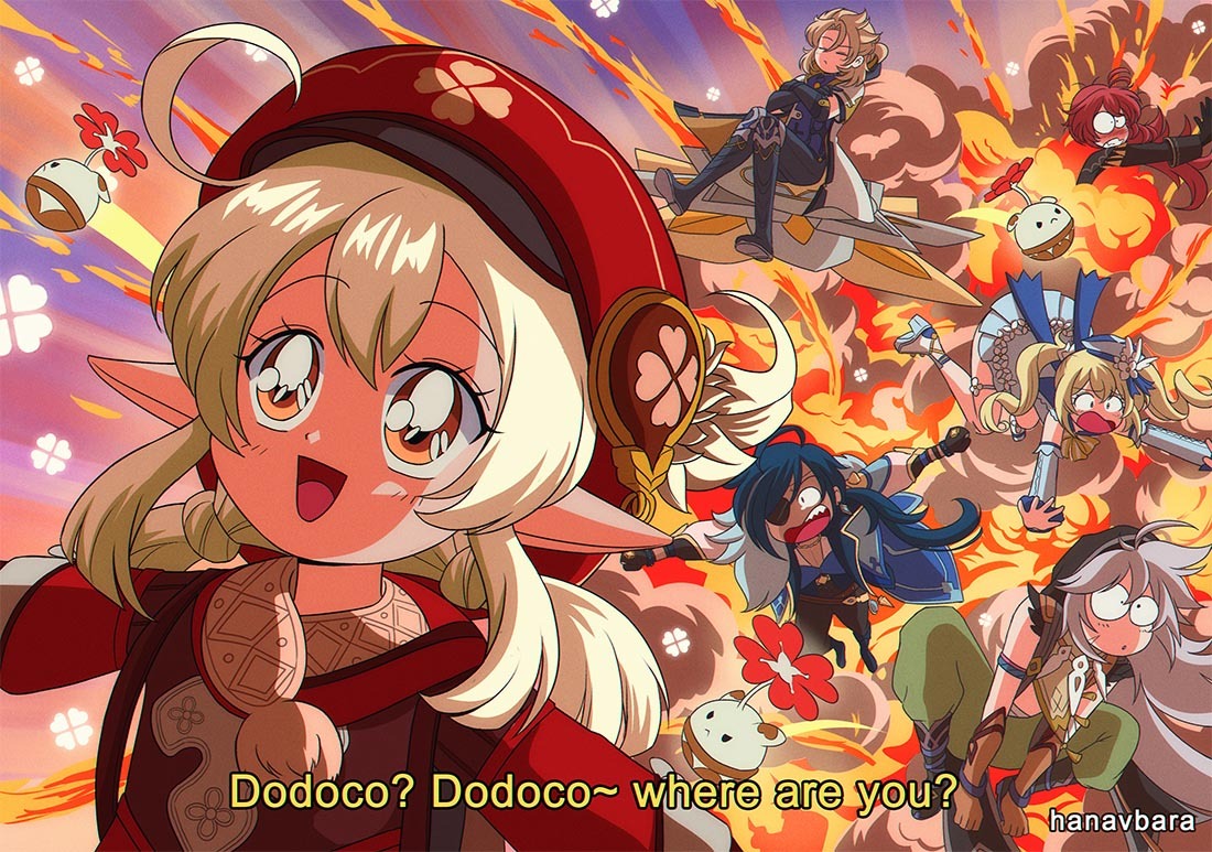 1990s_(style), 2girls, 4boys, ahoge, albedo_(genshin_impact), barbara_(genshin_impact), barbara_(summertime_sparkle)_(genshin_impact), bomb