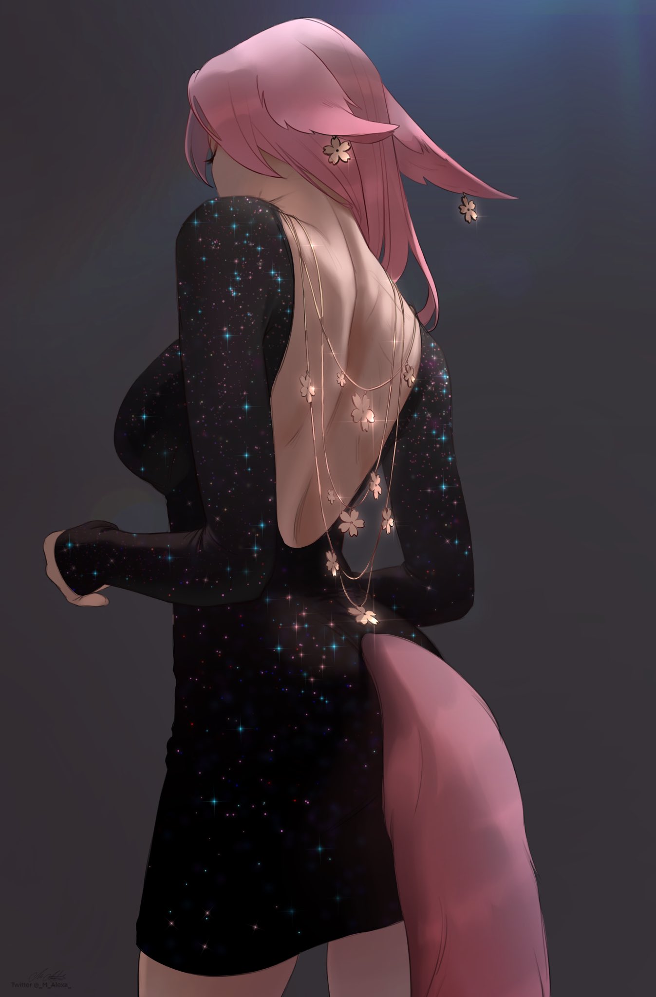 1girl, animal_ears, arms_at_sides, back_cutout, black_background, black_dress, breasts, cherry_blossoms