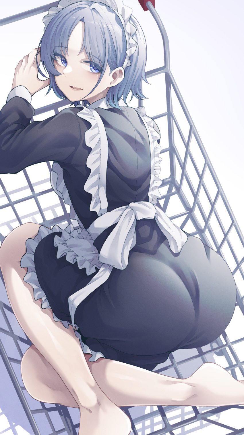 1girl, absurdres, alternate_costume, apron, asakura_tooru, ass, bangs, bare_legs, barefoot, black_dress, dress, enmaided, frilled_apron, frilled_dress, frills, from_behind, highres, idolmaster, idolmaster_shiny_colors, in_cart, long_sleeves, looking_at_viewer, looking_back, maid, maid_apron, maid_headdress, parted_bangs, shopping_cart, simple_background, solo, tokufumi, white_apron