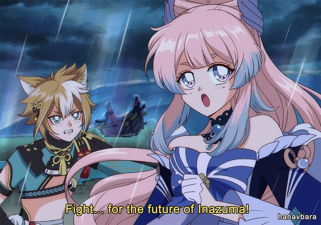 1990s_(style), 1boy, 1girl, animal_ears, artist_name, blue_hair, brown_hair, dog_boy