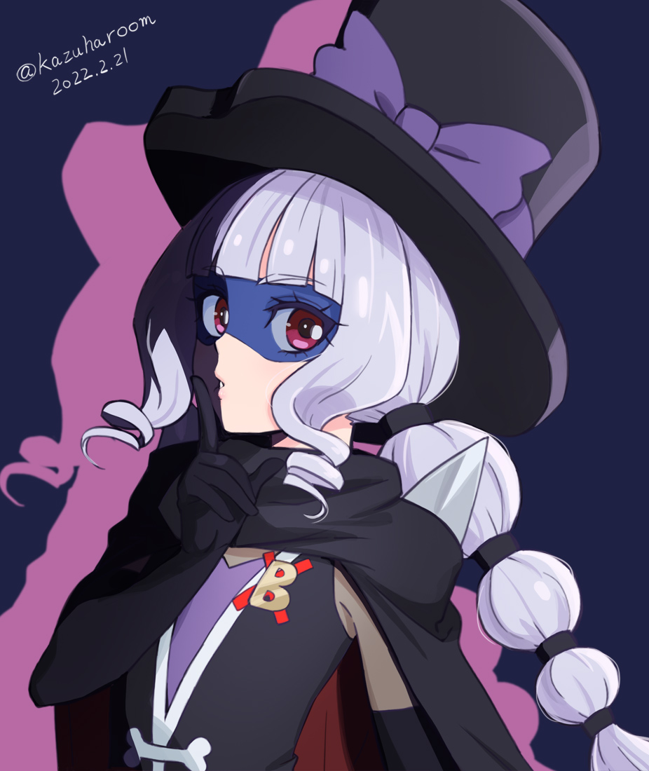 1girl, black_cape, black_headwear, blue_background, braid, cape, commentary_request, dated, delicious_party_precure, drill_hair, finger_to_mouth, gentle_(precure), haruyama_kazunori, hat, index_finger_raised, long_hair, looking_at_viewer, mask, pink_eyes, precure, shushing, simple_background, solo, twin_drills, twitter_username, upper_body, white_hair