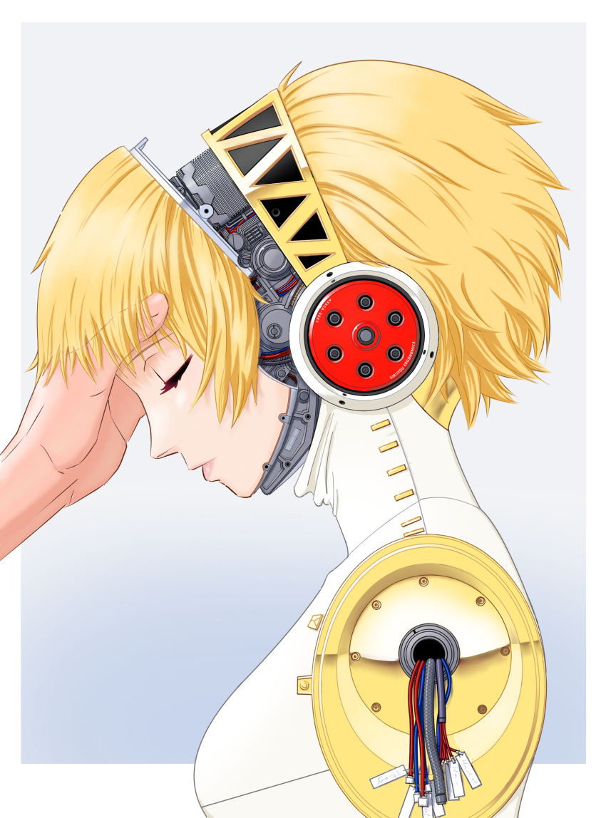 1girl, 1other, absurdres, aegis_(persona), amputee, android, blonde_hair, blue_background