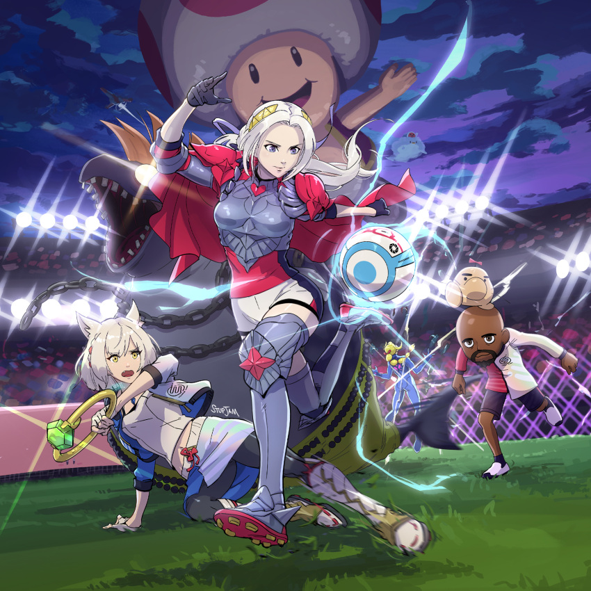 1girl, adapted_costume, alternate_costume, alternate_hairstyle, animal_ears, armor, ball, bangs, black_legwear, blonde_hair, bodysuit, breasts, cape, cat_ears, character_request, chest_jewel, collarbone, crossover, crown, dark-skinned_male, dark_skin, edelgard_von_hresvelg, fire_emblem, fire_emblem:_three_houses, fire_emblem_warriors:_three_hopes, gloves, hair_ornament, hair_ribbon, highres, jacket, long_hair, mario_strikers:_battle_league, matt_(wii_sports), mii_(nintendo), mio_(xenoblade), official_alternate_costume, official_alternate_hairstyle, open_mouth, ponytail, red_cape, ribbon, samus_aran, short_hair, shorts, skirt, small_breasts, soccer_ball, stup-jam, super_mario_bros., tank_top, toad_(mario), violet_eyes, weapon, white_hair, white_jacket, white_skirt, white_tank_top, xenoblade_chronicles_(series), xenoblade_chronicles_3, yellow_eyes, zero_suit