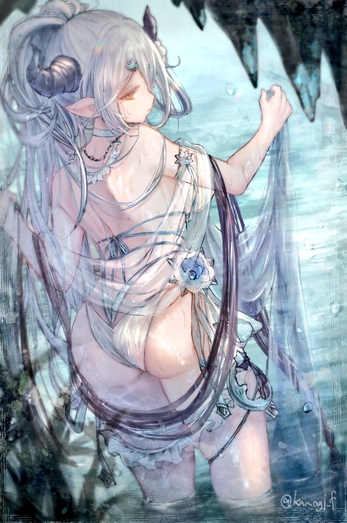 1girl, ass, bangs, bikini, choker, closed_mouth, cowboy_shot, day