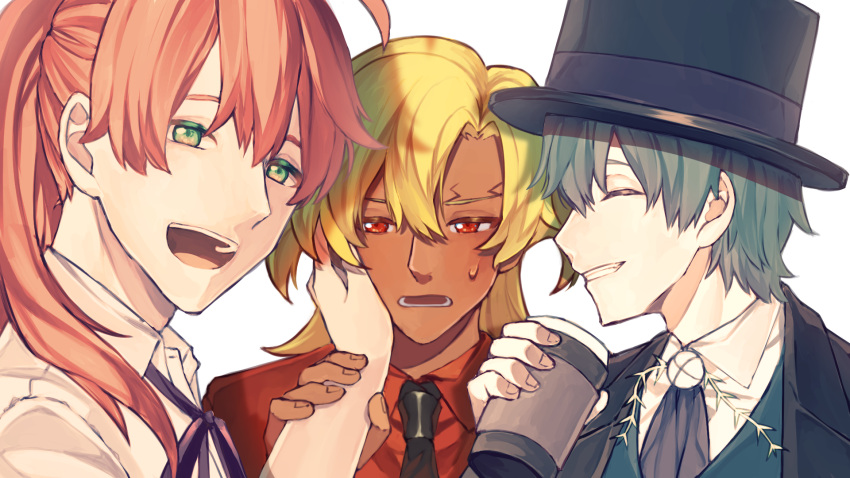 3boys, :d, :o, alternate_costume, black_headwear, black_necktie, blonde_hair, closed_eyes