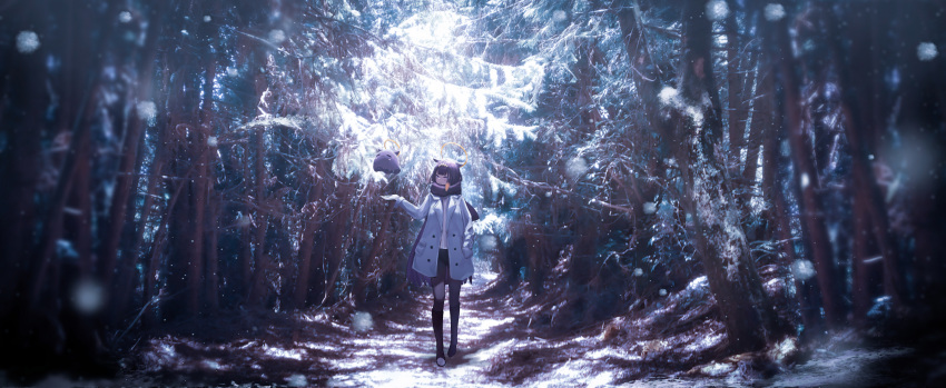 1girl, absurdres, bangs, black_footwear, black_legwear, blue_eyes, blunt_bangs, blunt_ends, boots, coat, english_commentary, falling_snow, gloves, halo, hand_in_pocket, headpiece, highres, hololive, hololive_english, jack9614, knee_boots, long_hair, nature, ninomae_ina'nis, outdoors, purple_hair, scenery, smile, snow, solo, tako_(ninomae_ina'nis), tree, virtual_youtuber, white_coat, white_gloves, winter, winter_clothes, winter_coat