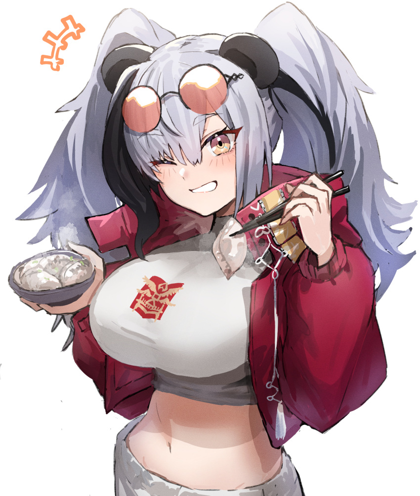 1girl, animal_ears, arknights, bowl, breasts, chopsticks, crop_top, cropped_jacket