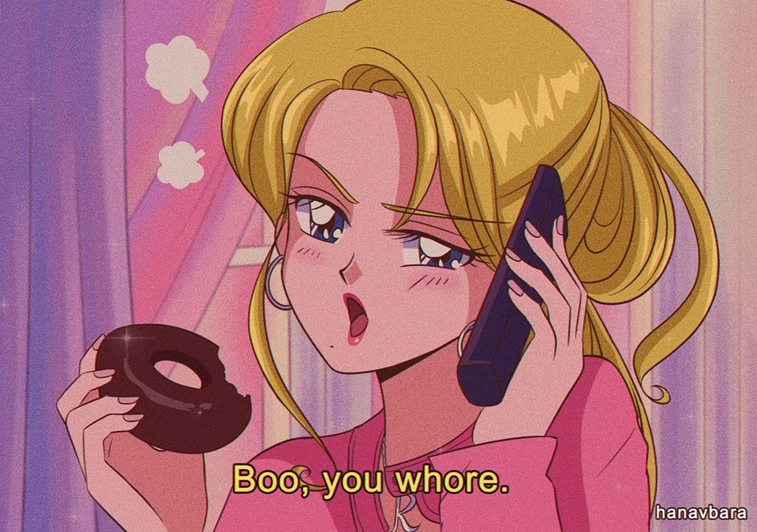 1990s_(style), 1girl, artist_name, blonde_hair, blue_eyes, earrings, eyebrows_visible_through_hair, hanavbara, holding, holding_phone, hoop_earrings, jewelry, lips, long_hair, looking_at_viewer, mean_girls, mole, mole_under_mouth, open_mouth, phone, regina_george, retro_artstyle, solo, upper_body