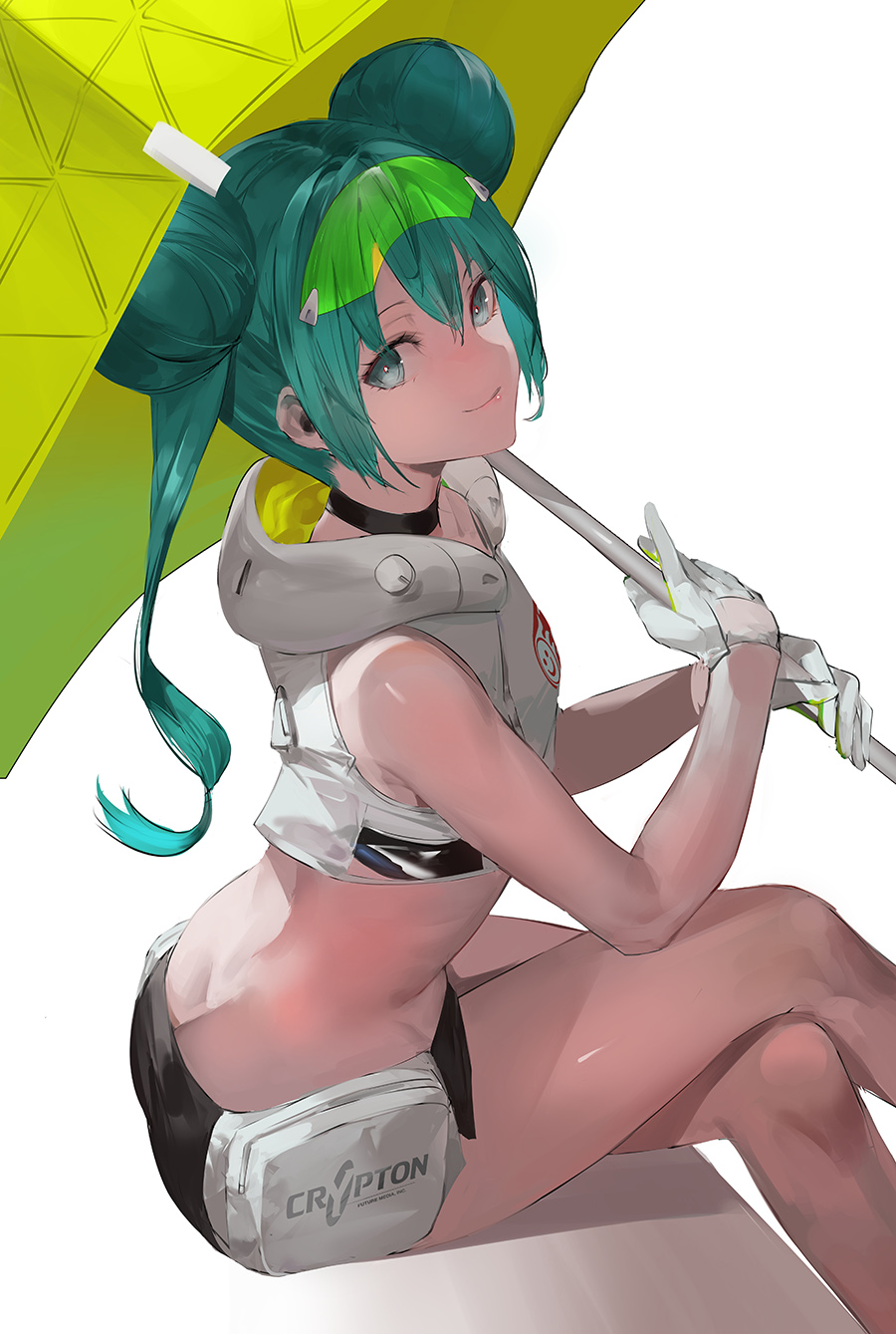 1girl, aqua_eyes, aqua_hair, blazpu, closed_mouth, crop_top, crossed_legs, double_bun