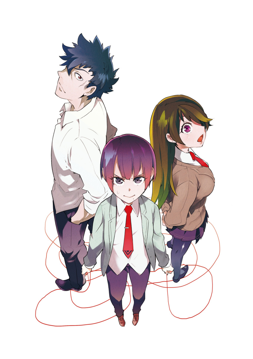 1boy, 2girls, :>, absurdres, alternate_hair_color, alternate_hairstyle, black_hair, black_legwear