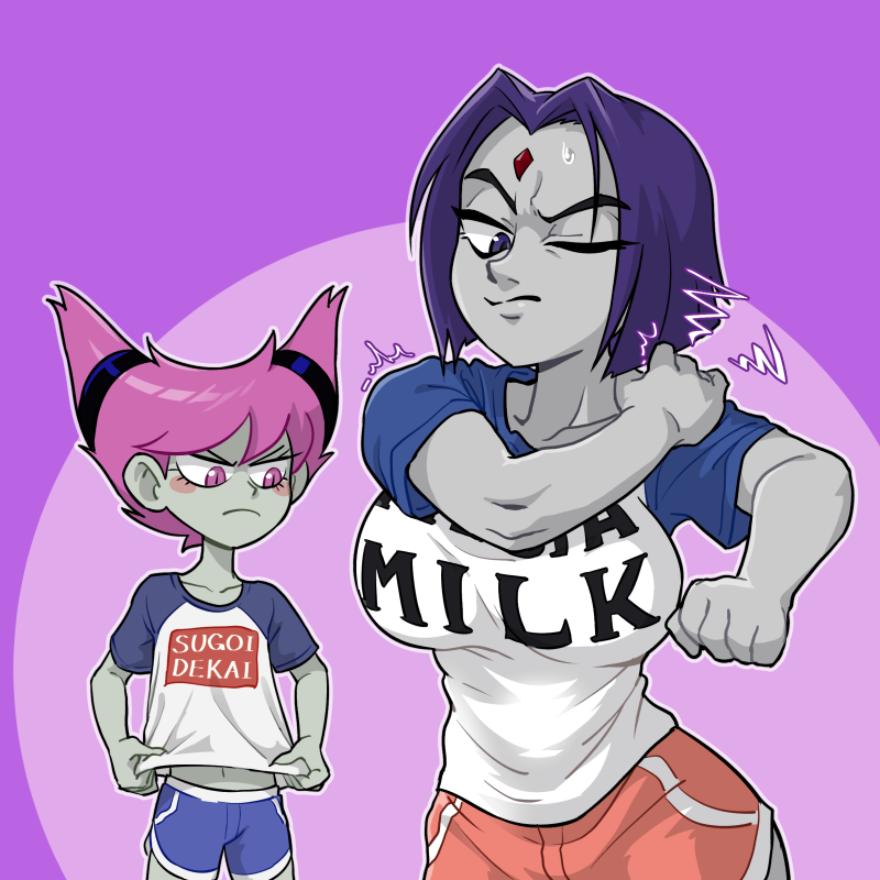 2girls, back_pain, blush_stickers, breast_envy, centinel303, collarbone, colored_skin, cowboy_shot