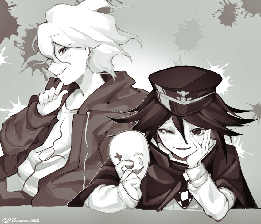 2boys, blush, cape, checkered_clothes, danganronpa_(series), danganronpa_2:_goodbye_despair, danganronpa_v3:_killing_harmony, eyebrows_visible_through_hair, grey_background, hair_between_eyes, hand_up, hat, highres, holding, holding_mask, hood, hood_down, jacket, komaeda_nagito, liang_cun_rakuna, long_sleeves, male_focus, mask, mask_removed, multiple_boys, open_clothes, open_jacket, open_mouth, ouma_kokichi, parted_lips, print_shirt, shirt, smile, teeth, upper_body
