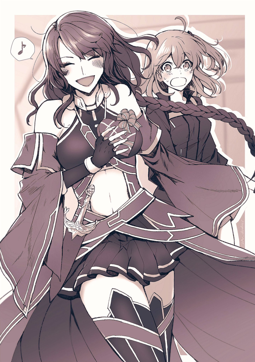 2girls, ahoge, aruti, braid, candy, chocolate, clothing_cutout, detached_sleeves